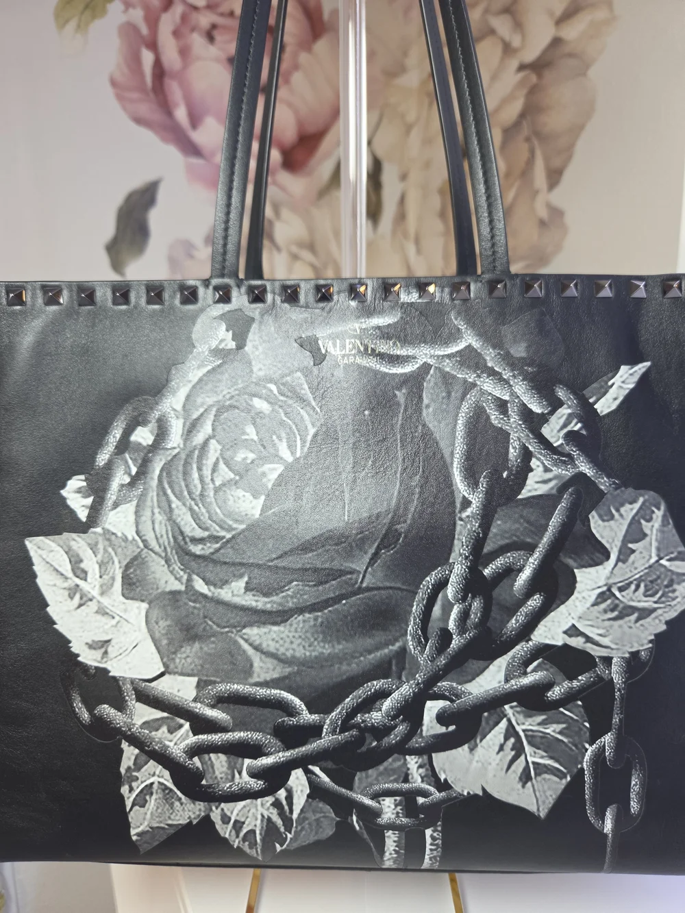 Authentic Valentino Garavani x Undercover Rockstud Rose Black Leather Tote